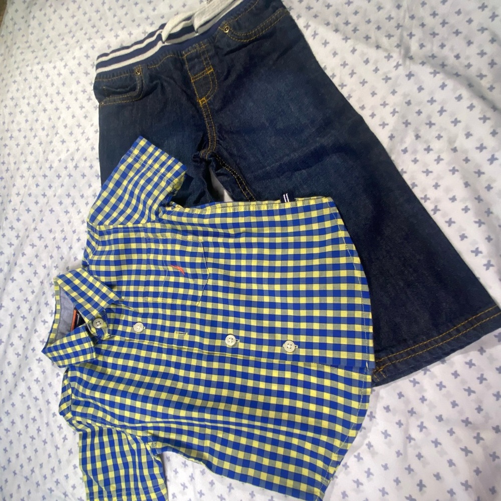 Nautica Blue and Yellow Plaid Shirt and denim pants